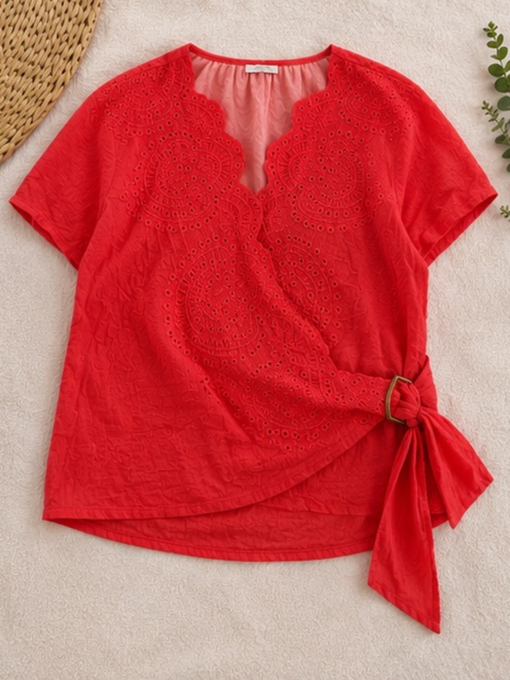 Scalloped Eyelet Wrap Blouse in Red - Picture 3 of 4